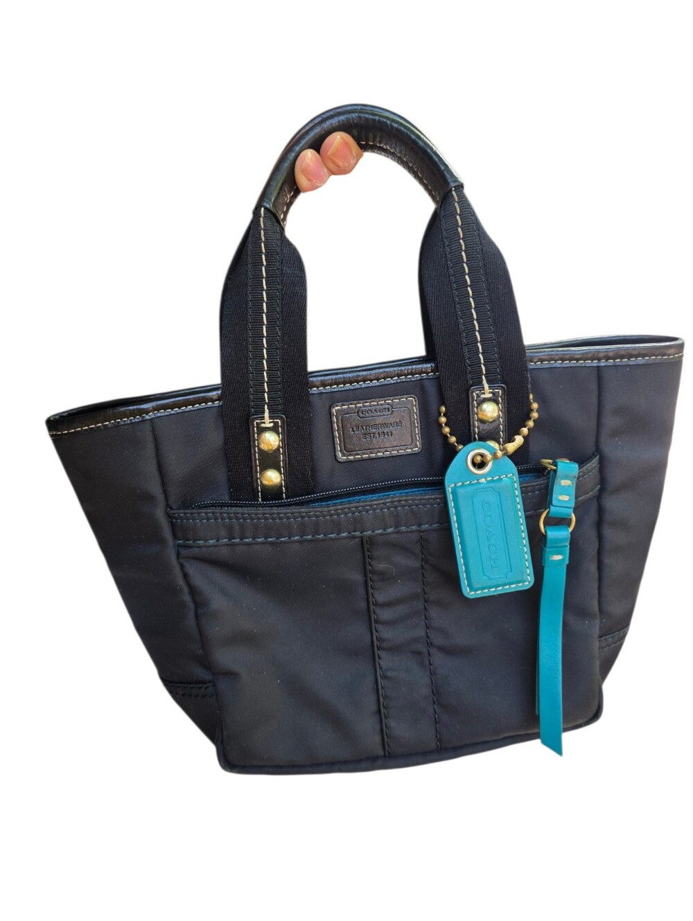 Coach Black Nylon Tote with Turquoise Leather Tag and Strap